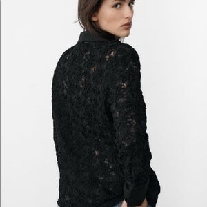 Zara Elegant Black Lace Blouse 51% Linen 49% Cotton